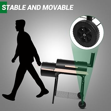 Outvita Charcoal Grill and Offset Smoker, Outdoor Patio Barbecue Cooker | With Wheels, Portable Backyard BBQ Oven, Side Fire Box, For Camping, Picnic, Party