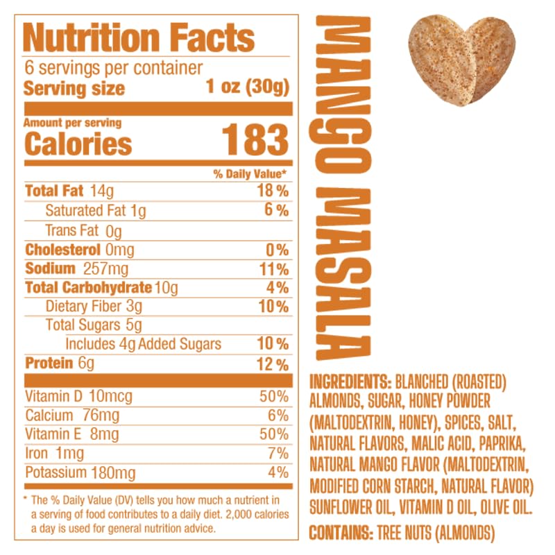 Image of AlmondRx | Heart Healthy Skinless Lightly Salted California Almond Snack Packs | Fortified with Vitamin D | Plant Protein | Keto | Vegan | No Sugar Added (6 Ounce (Pack of 1), Mango Masala)