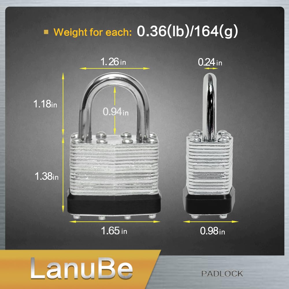 LanuBe Candado laminado con llave (1-9/16 pulgadas, 40 mm), cerraduras iguales con llave, grillete normal, aro de plástico negro marcado, paquete de 48