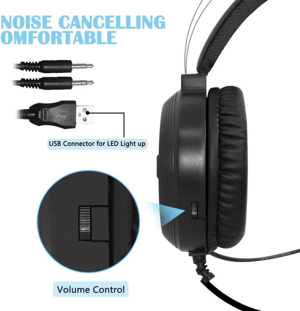 Dland Gaming Headset with Mic and Changeable LED Light for Laptop,Computer, Cellphone, PS4 and Xbox,3.5mm Wired Noise Isolations Gaming Headphones with Volume Control-Black