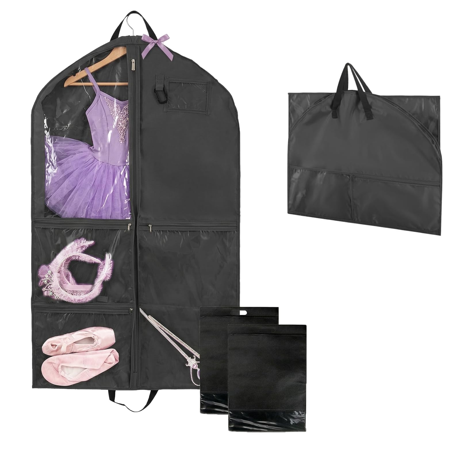 3 Pack Dance Costume Bag, Heavy Duty 210D Oxford Suit Cover, 40 Inch Waterproof Garment Bag with 5 Transparent Pockets, Hanging Wardrobe Organiser, Foldable Clothes Storage with 2 Shoe Bags for Travel