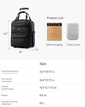 LUGGEX Underseat Carry On Bag, All Black, 16 | Personal Item, Lightweight Soft-Sided Suitcase, Under Seat Travel Bag, Smooth Wheels, Short Trip Essential, UDK, UX-Core