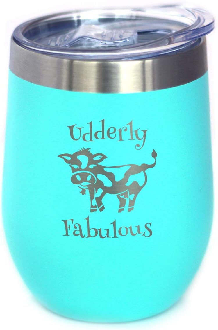 Bevvee Udderly Fabulous - Cow Wine Tumbler with Sliding Lid - Stemless Stainless Steel Insulated Cup - Funny Outdoor Camping Mug - Purple