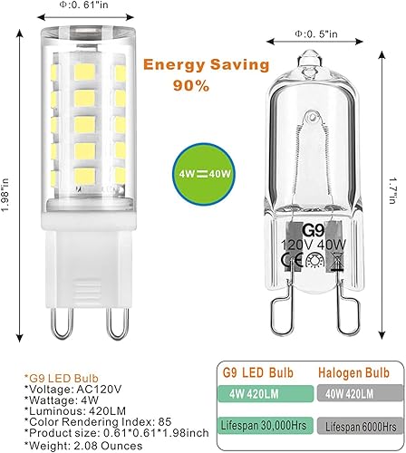 Miniatura 2 de ATA Paquete de 6 bombillas LED G9 T4 de 4 W, blanco natural, 6000 K, (reemplazo halógeno de 40 W), base de cerámica G9 Bi Pin, 120 V CA, ángulo de