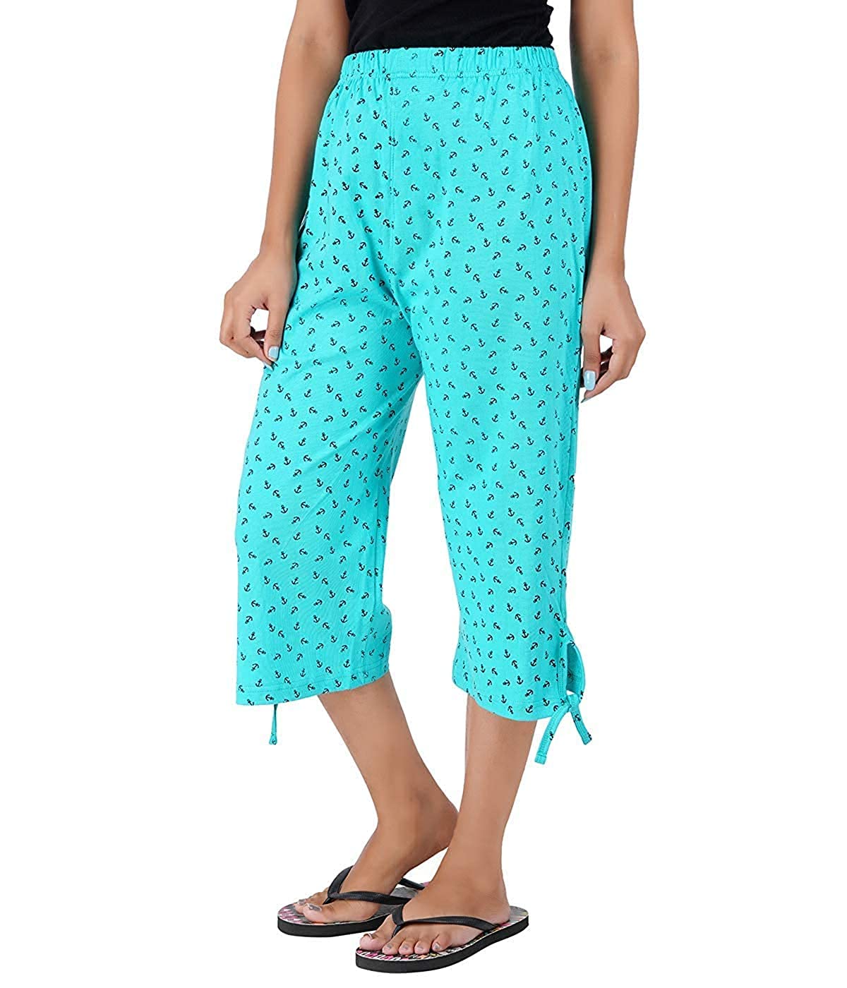 Women's Capri Soft Cotton Printed 3/4 Pyjama Pant (Light Blue)-(Free size)-image-44