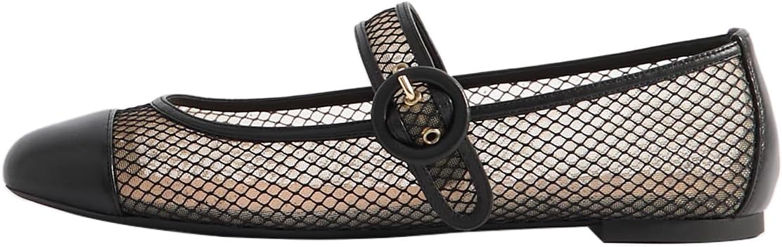 miss left Women Unique Round Cap Toe Mesh Ballet Flats Strap Buckle Two Tone Casual Office Street Walking Mary Jane Flats Size 4-16 US