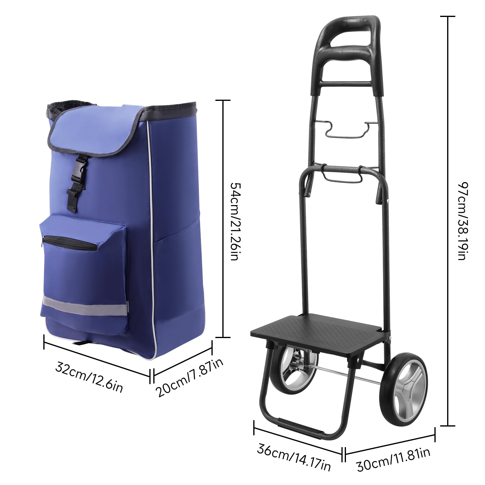 Trolley per la spesa 3 in 1, grande 45 l, carrello della spesa con vano frigorifero, borsa per la spesa con ruote, borsa pieghevole rimovibile, carrello per la spesa, impermeabile