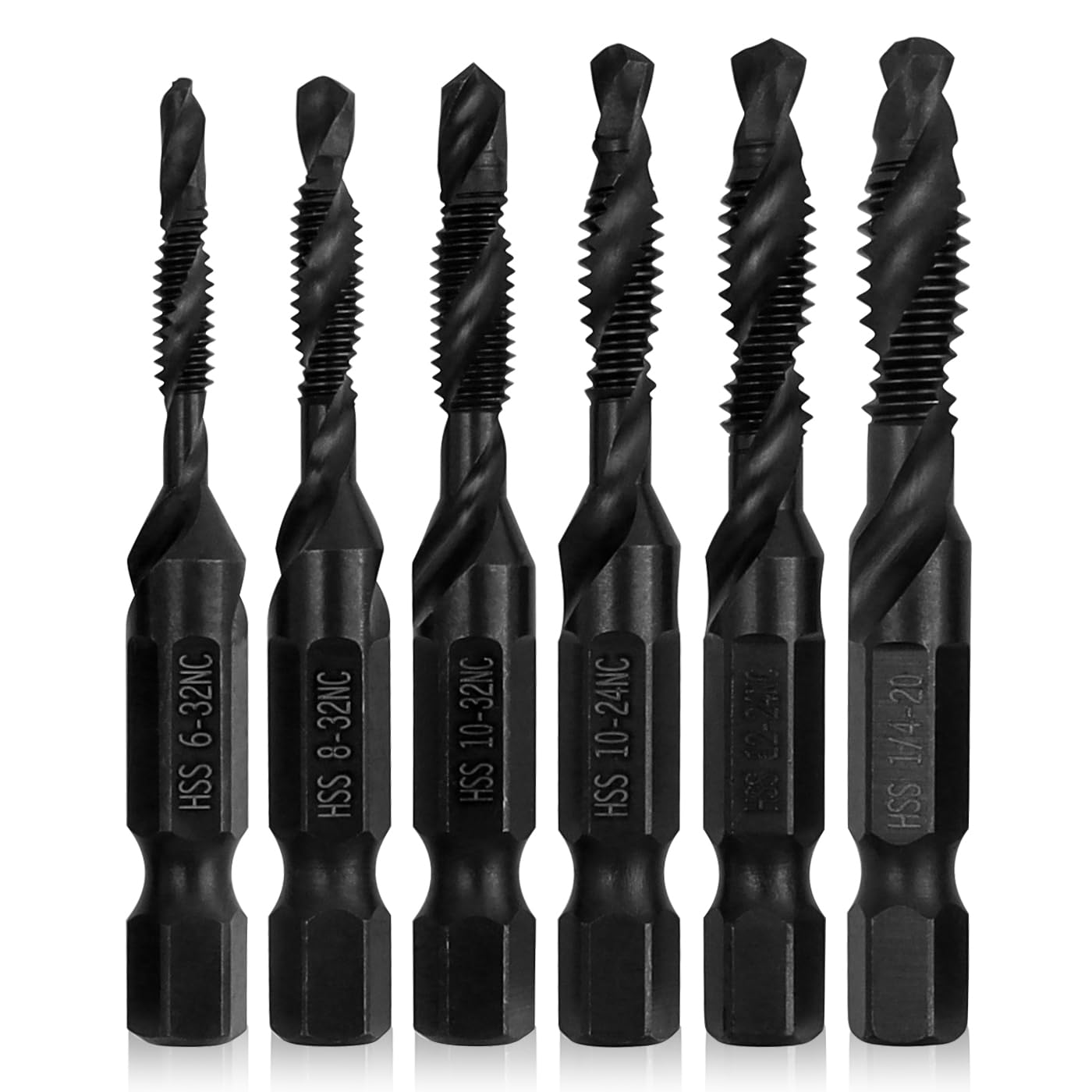 Mesee 6 Pieces Combination Drill Tap Bit Set, Nitriding Coating HSS Taps Drill Bits 1/4-Inch Hex Shank Spiral Screw Thread Tapping Bits in SAE Size 6-