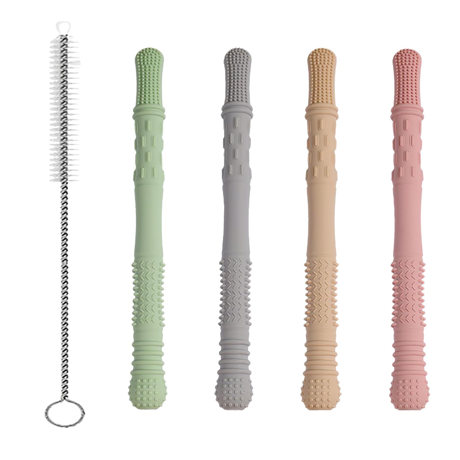 4 Stück Beißring Baby PP Silikon Beissring Hohl Kausticks für BPA Frei Zahnungshilfe Zahnungshilfe Beißring Geeignet für ab 3 Monaten mit 1 Strohbürsten, Auffrischungssicher, weiche Texturen