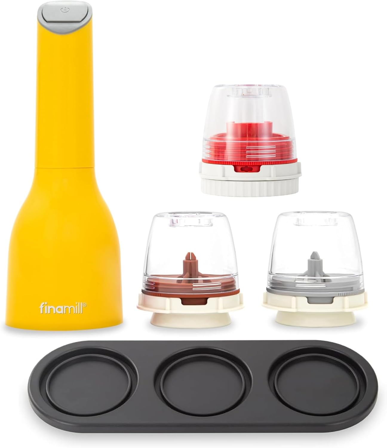 FinaMill Classic Battery-Operated Spice Mill Bundle with Interchangeable Pods, Greater Pod & Stackable Trio Tray – One-Handed Grinding, Adjustable Coarseness - Valentines Day Gifts for Food Lovers