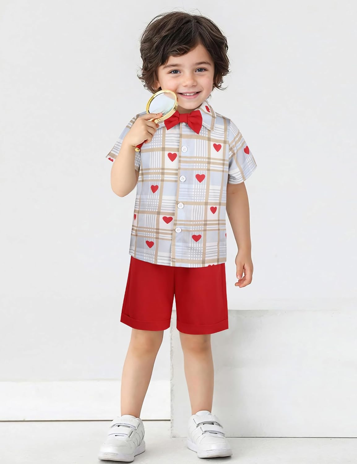 Sinda Toddler Baby Boy Valentines Outfit Love Heart Shirt Red Shorts Valentine Clothing Sets12M-5T - Image 2