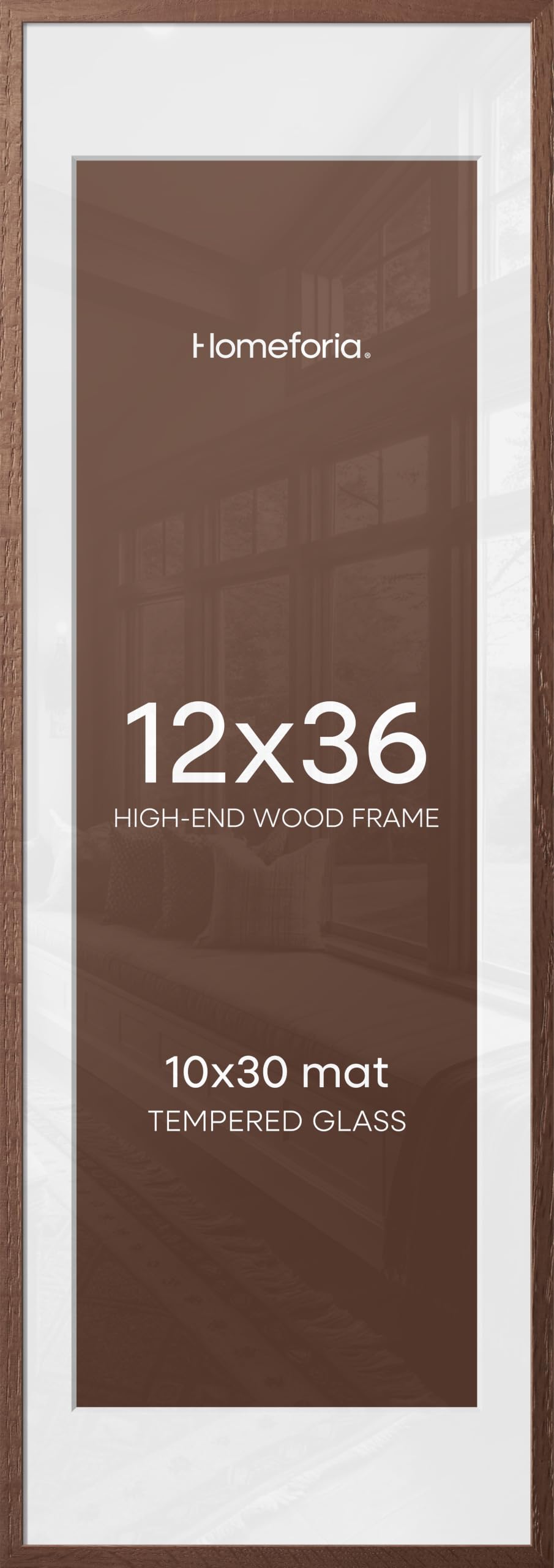 Homeforia 12x36 Brown Oak Picture Frame, High-End Wood, 10x30 Mat, Glass | High End Solid Oak Wood, Tempered Glass, Acid-Free 10x30 Removable Mat, 12x36 Edge-to-Edge Display 36x12, Wall Kit, Set Of 3
