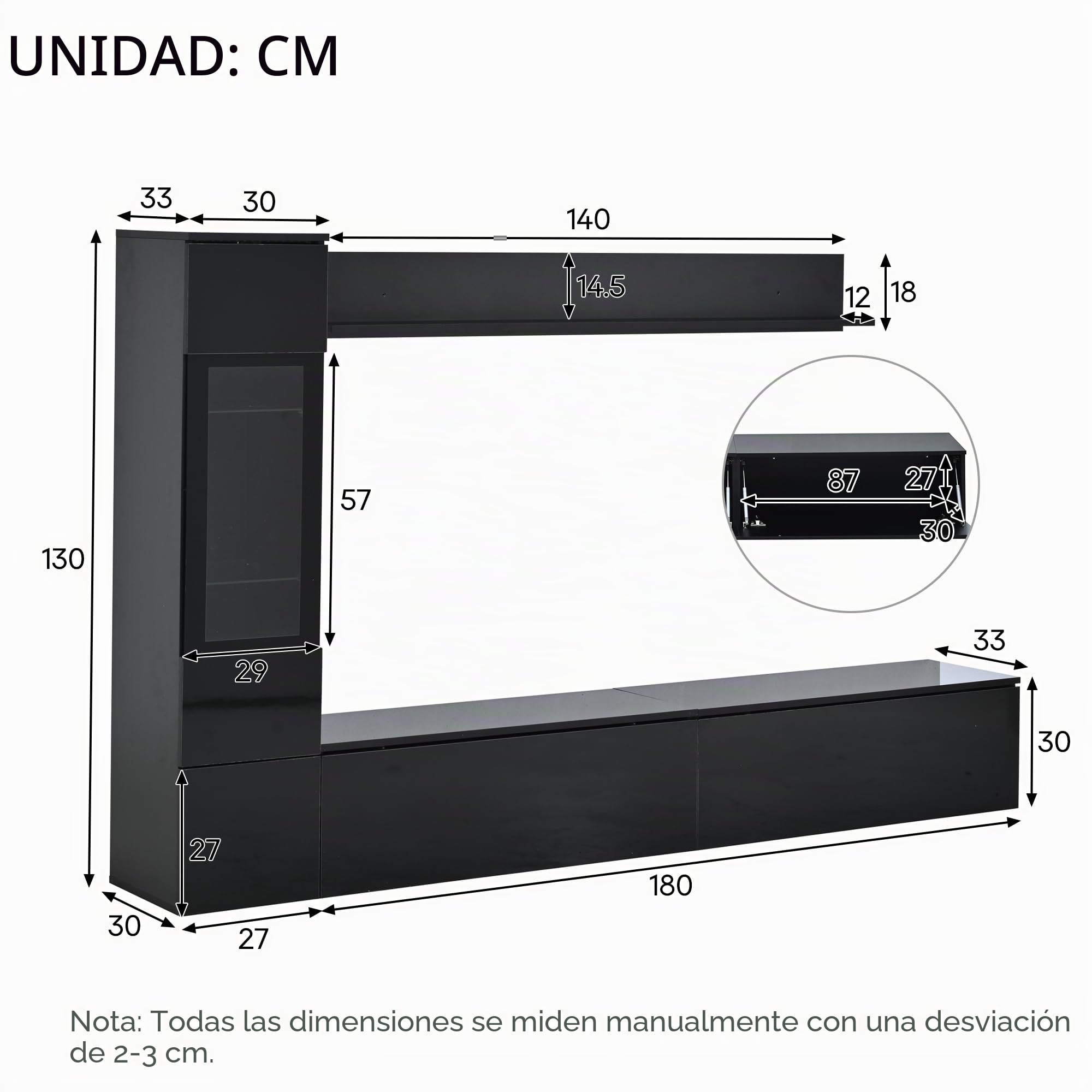TIZZ Juego de pared para TV (3 piezas, iluminación LED, 1 armario de TV de hasta 80 pulgadas, 1 vitrina para salón, 1 estante colgante), color negro brillante