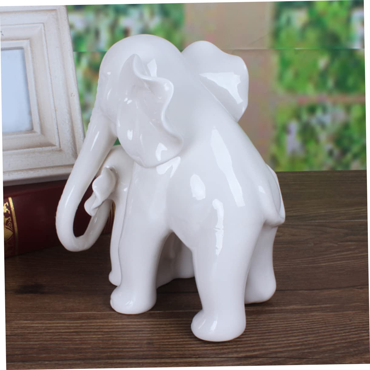 Didiseaon Estatua de Elefante Madre y Cría de Cerámica White