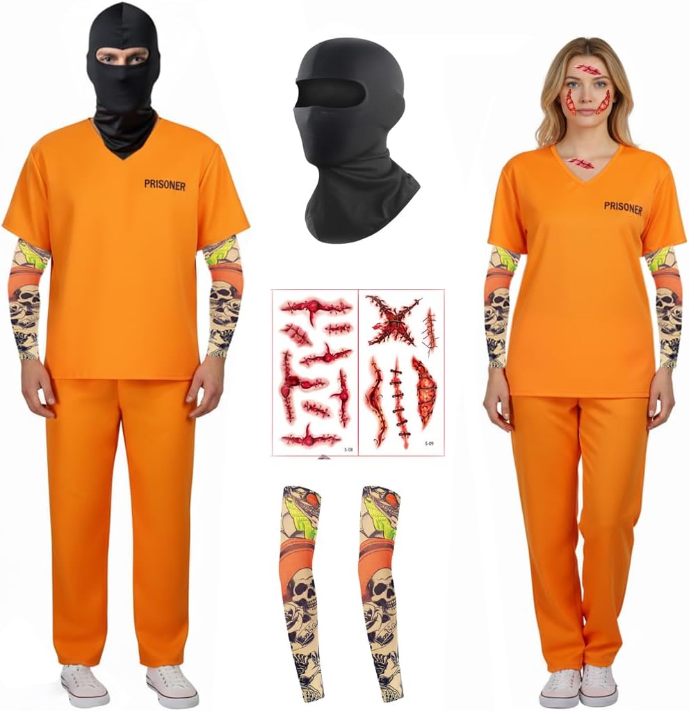 Utaomld 6pcs Orange Prisoner Costume with Balaclava Sleeves for Adult Teens Halloween Inmate Jail Criminal Uniform Outfit - Image 5
