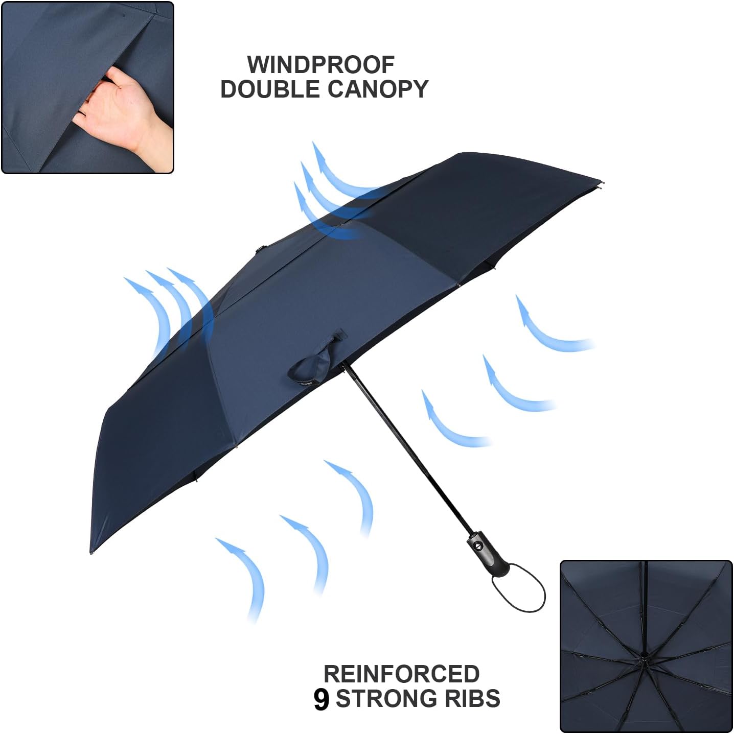 54 inch Large Compact Travel Umbrella 3 Folding Umbrellas for Rain Oversized Auto Open Close Foldable Vented Double Windproof Telescopic 9 Ribs Sturdy Large Size