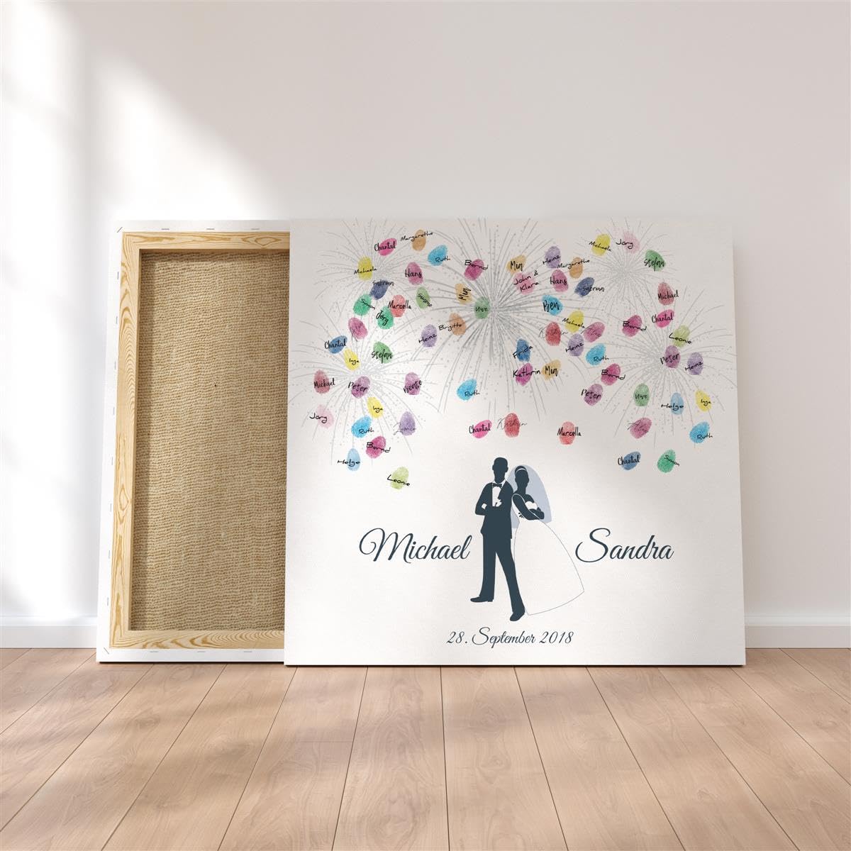 Madyes Płótno Ślub Odcisk palca Księga gości Spersonalizowana Para Młoda Para Fajerwerki jako prezent, dekoracja ślubna, imiona z datą. 50 x 50 cm duży na