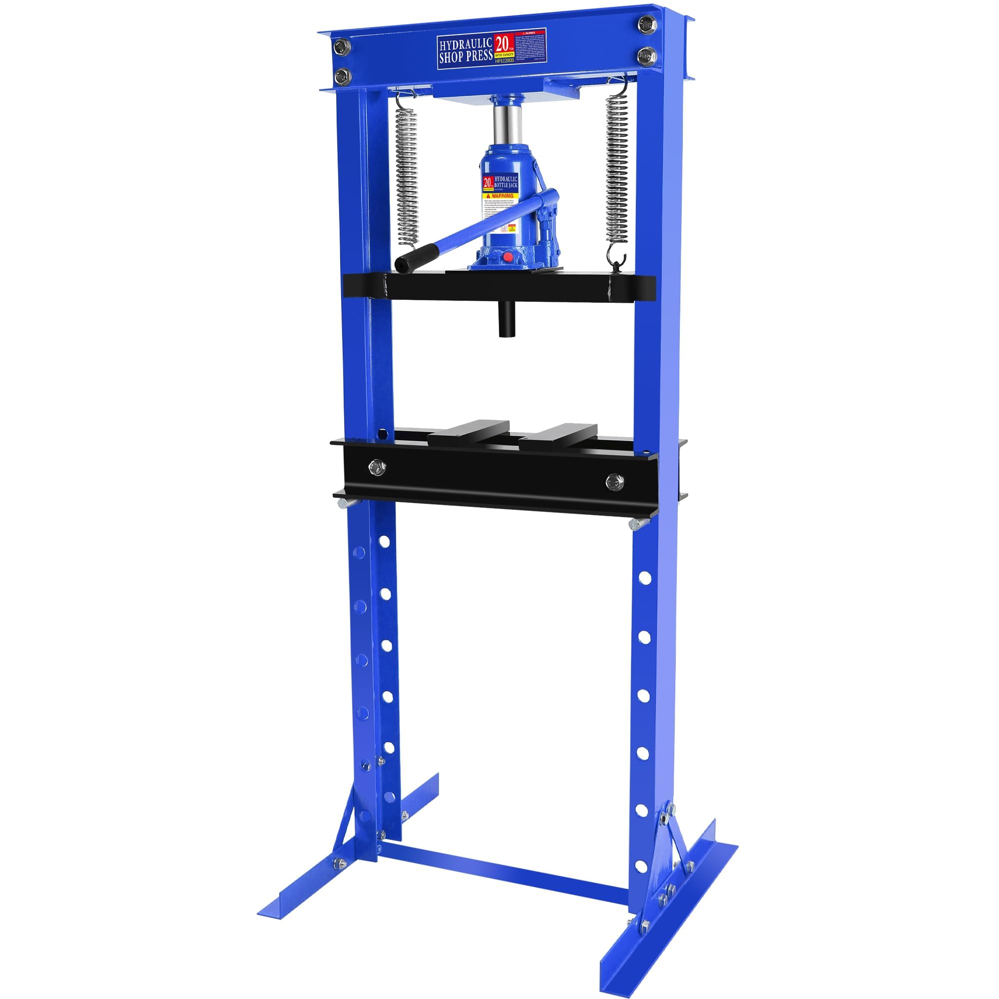 20 T Hydraulic Shop Press, h-Frame, 7-Hold Adjustable Height, with Movable Plates and Pressure Gauge for Garage or Professional Users, Blue