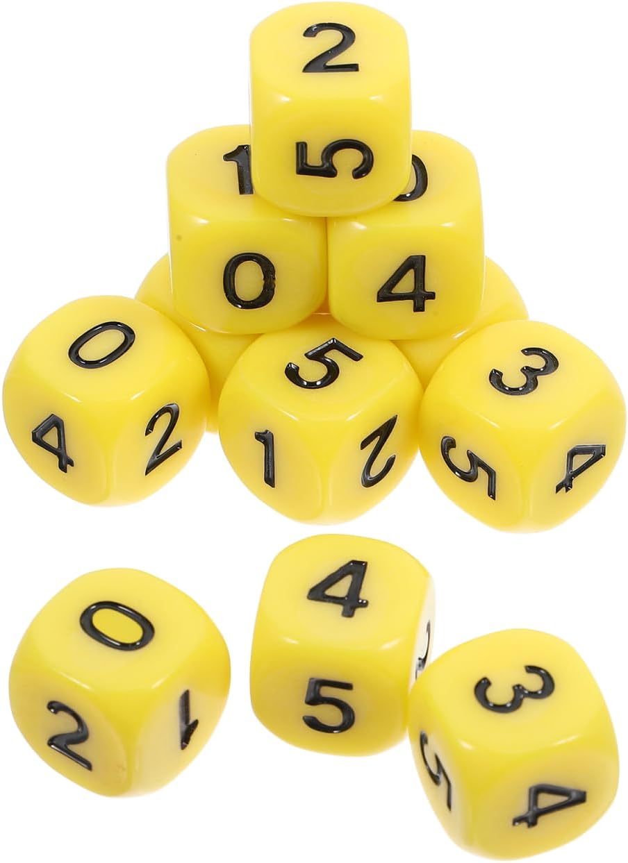 Angoily LRC Dice Math Game, 12Pcs 0-5 Number 0.62 Inch Dice Games Digital Yellow Numbers Set for Math Learning and Board Gaming Smooth Acrylic