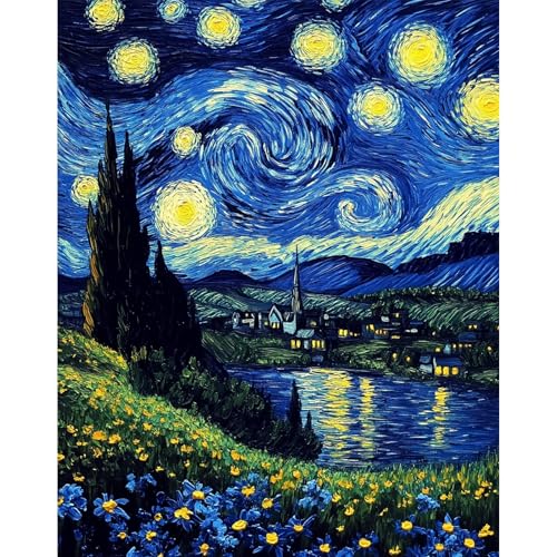 DAERLE Dipingi con i Numeri per Adulti, Notte stellata, Kit di Pittura acrilica Fai-da-Te per Adulti Principianti Facile su Tela, Decora la casa 40x50cm Senza Cornice