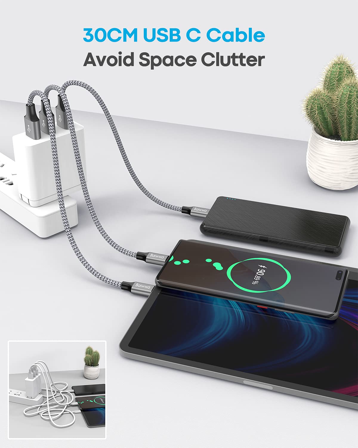 Baiwwa 2Pezzi 30CM Cavo USB Type-C Corto, Cavo USB A USB C Ricarica Rapida 3A per Samsung Galaxy S24 S23 S22 S21 S20 S10 S9 S8 Plus, e più -Grigio