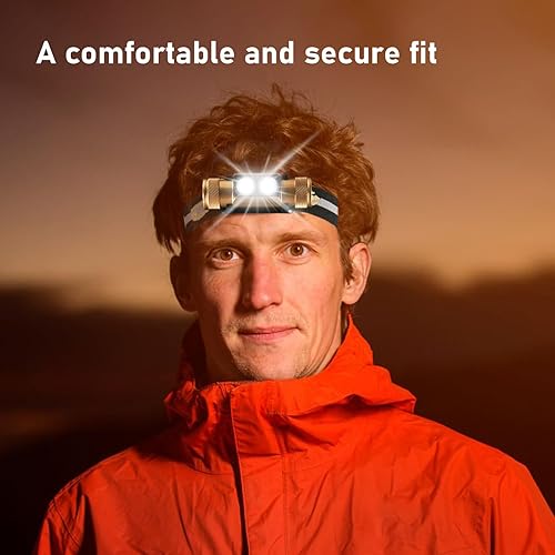 Miniatura 6 de Faro delantero, lámpara de cabeza de 1200 lúmenes altos para adultos, impermeable y resistente a los impactos, diadema ajustable y cómoda, dorada,