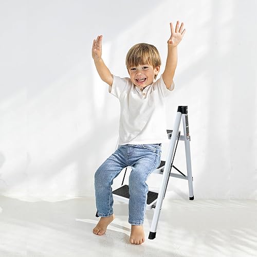 Miniatura 5 de Escalera plegable con pedal antideslizante ancho, escaleras portátiles de acero resistente, ligero para cocina, hogar y oficina (3 escalones)