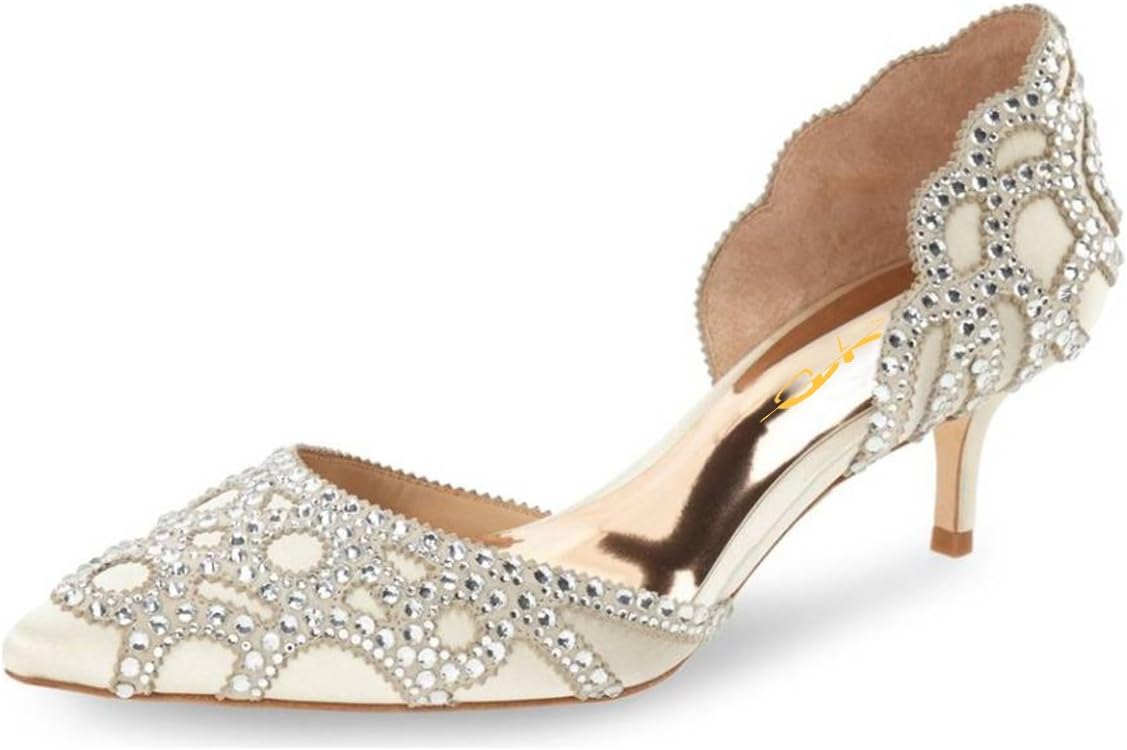 XYD Women's Pumps, Elegant Pointed Toe, D'Orsay Kitten Low Heels, Rhinestone Studs, Slip-On Satin Shoes for Wedding