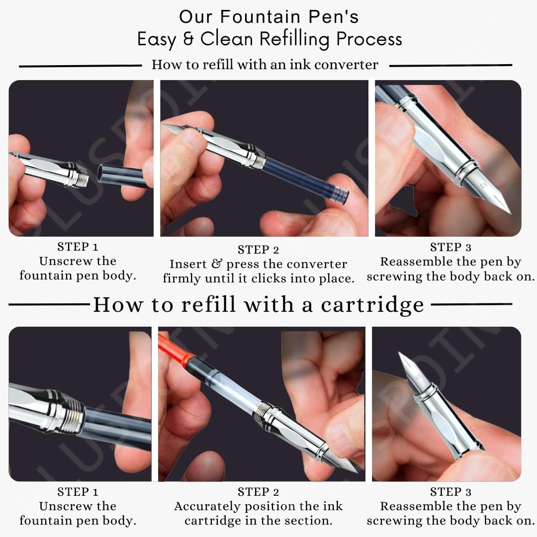 PLUSPOINT Fountain Pen for Students | Iridium Tip Nib Refillable Fountain Pen with 2 Ink Refills | Office Stationery Gift for Kids | Perfect for Office and School Use (Phantom), Blue 1