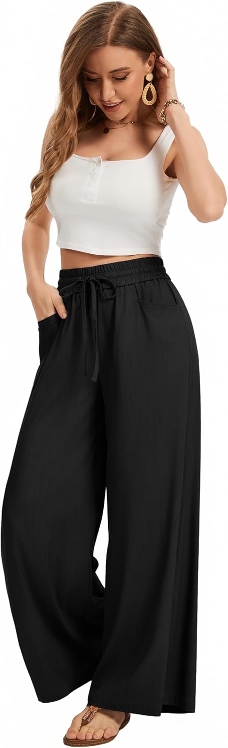 Wide Leg Casual Pants Women Elastic Drawstring Waisted Palazzo Cropped Trousers Baggy Slacks with Pockets - Image 5