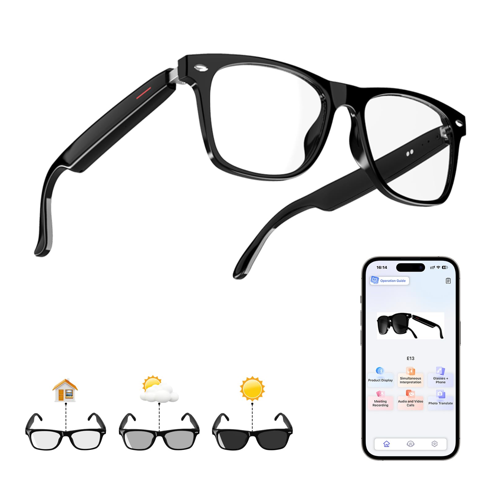 Ai Translation Smart Glasses with Chat GPT Bluetooth for Men Women with 140 Language Color-Change Lens Clear Headphone with Speaker Sunglasses,Travel Meeting Trade Business-image-44