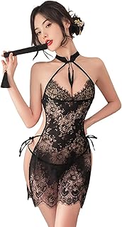 KuyatE HENWUBEI Lingerie Lace Doll Dress, Retro Sexy Cheongsam Underwear, Mesh Floral Pajamas, See-Through High Slit V-Nec...
