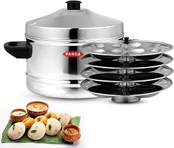 PANCA Stainless Steel Idli Cooker, 4 Plates Idli Maker With Whistle 16 Idli, 5 liter, Silver