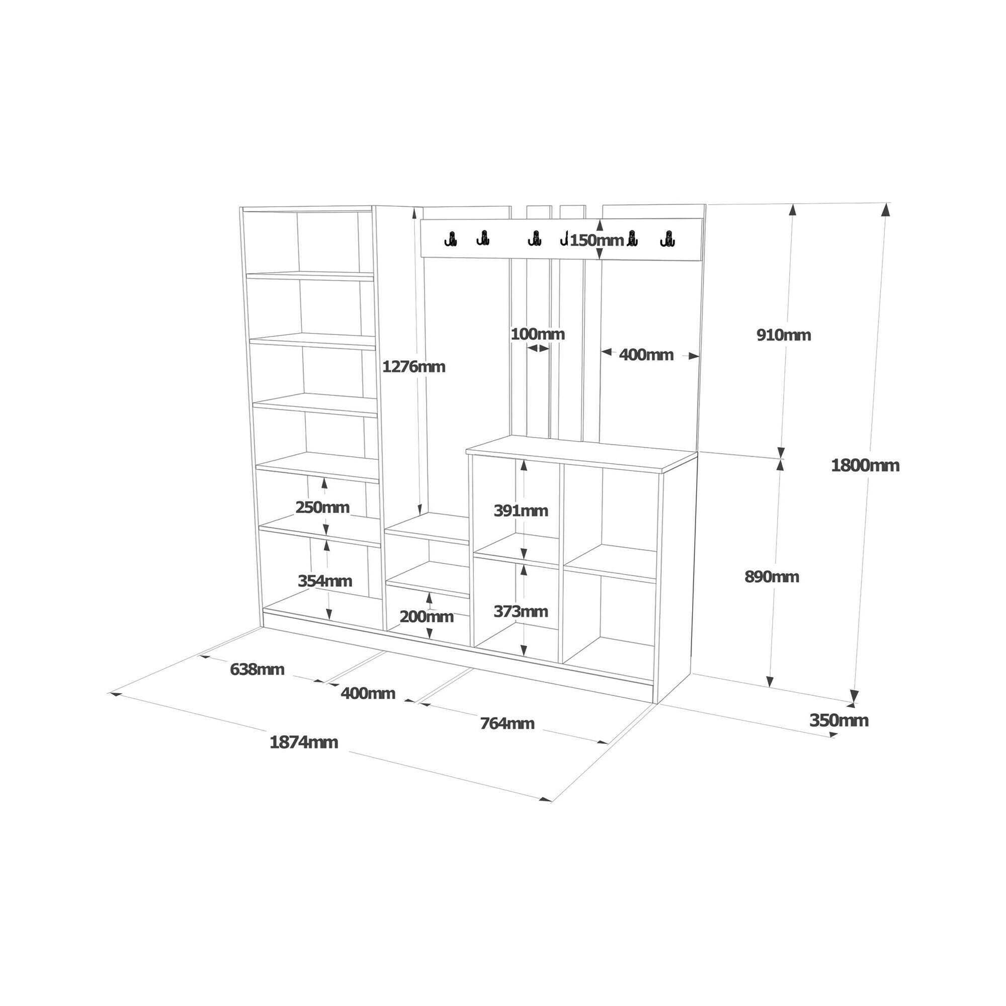 Dmora - Meuble d'entrée Media, Crochet d'entrée, Composition pour l'atrium, Console de Rangement Multifonction, 187x38h180 cm, Chêne et Blanc
