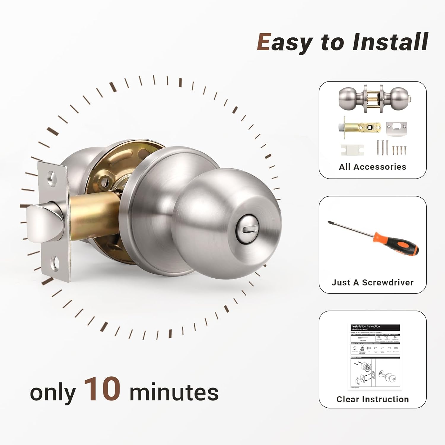 Knobonly 10 Pack Bedroom/Bathroom Satin Nickel Door Knobs Privacy Door Sets Hardware Interior Ball Shap Door Handles