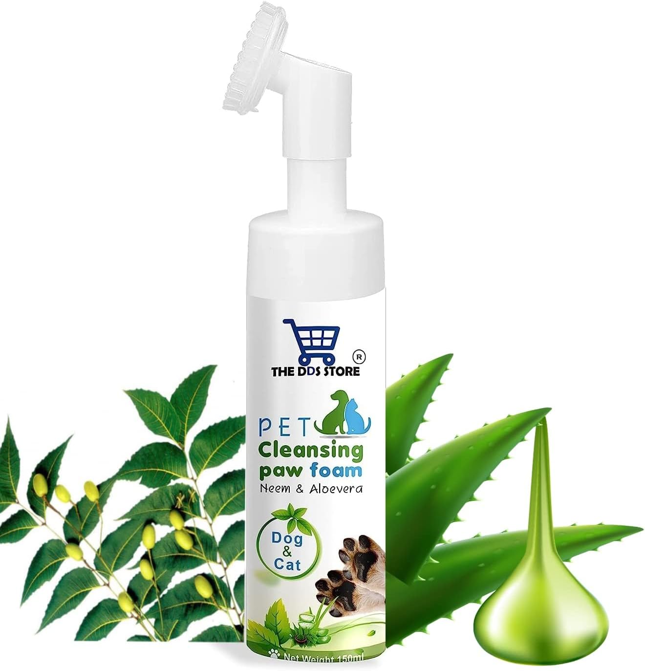 Pet Foot Cleaning Foam, Paw Cleaner Massage Brush Care Supplies No Washing Waterless for Dogs Cats Feet Cleaning 150 ml (Neem & Aloevera)