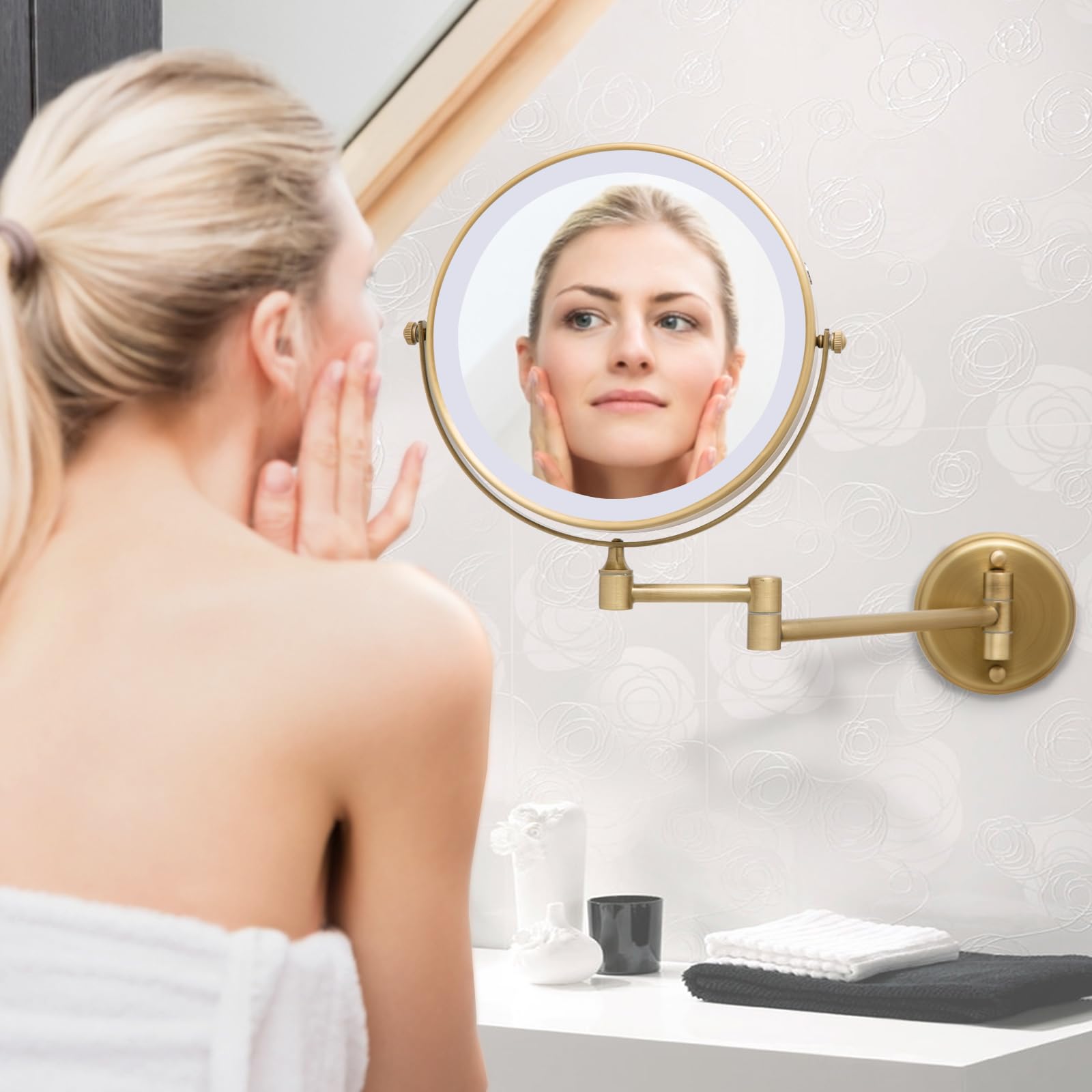 Specchio da trucco illuminato da parete, specchio da trucco ricaricabile da 20,3 cm con ingrandimento a doppia faccia 1X/10X, specchio cosmetico a LED in 3 colori con funzione di memoria