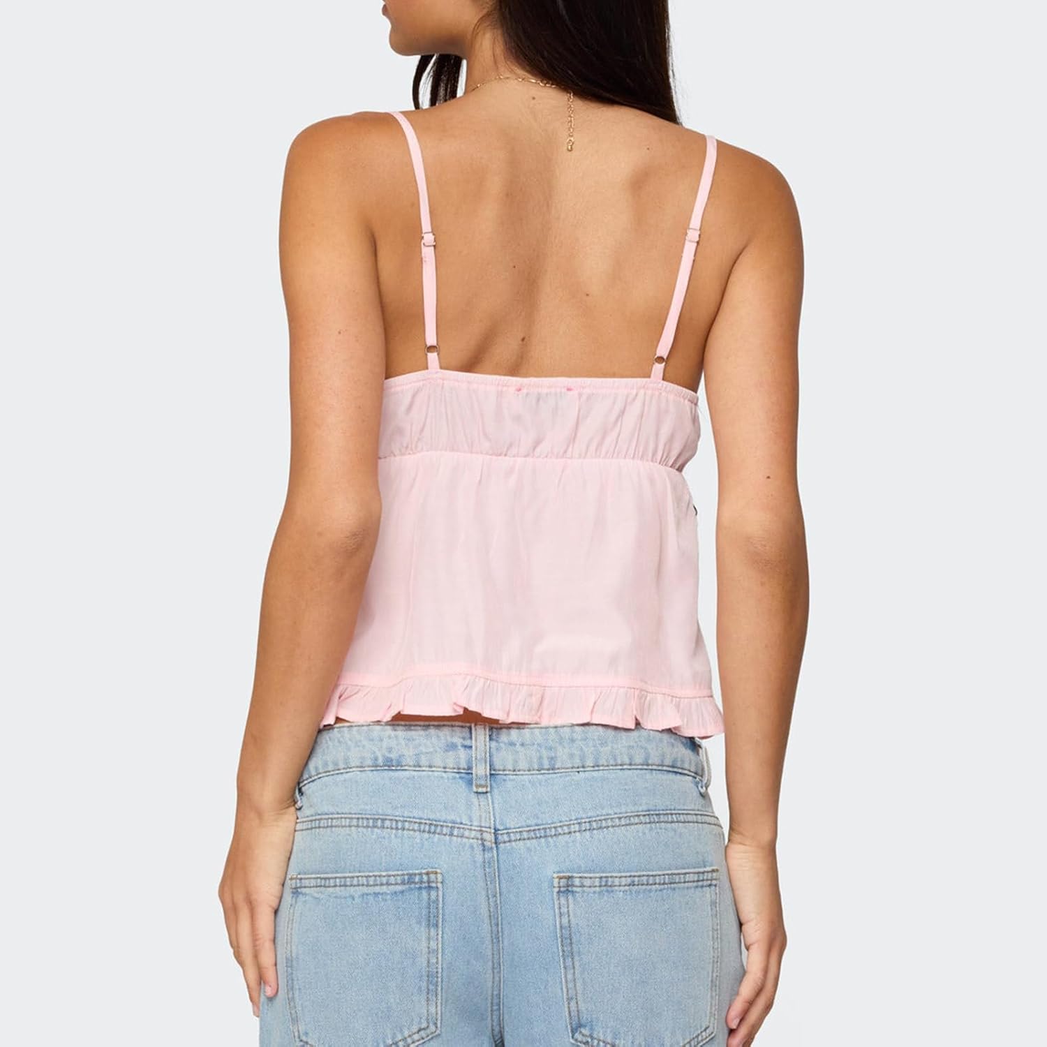 Women Ruffle Babydoll Top Y2k Flowy Lace Trim Cami Top V Neck Spaghetti Strap Babydoll Shirt Streetwear - Image 4