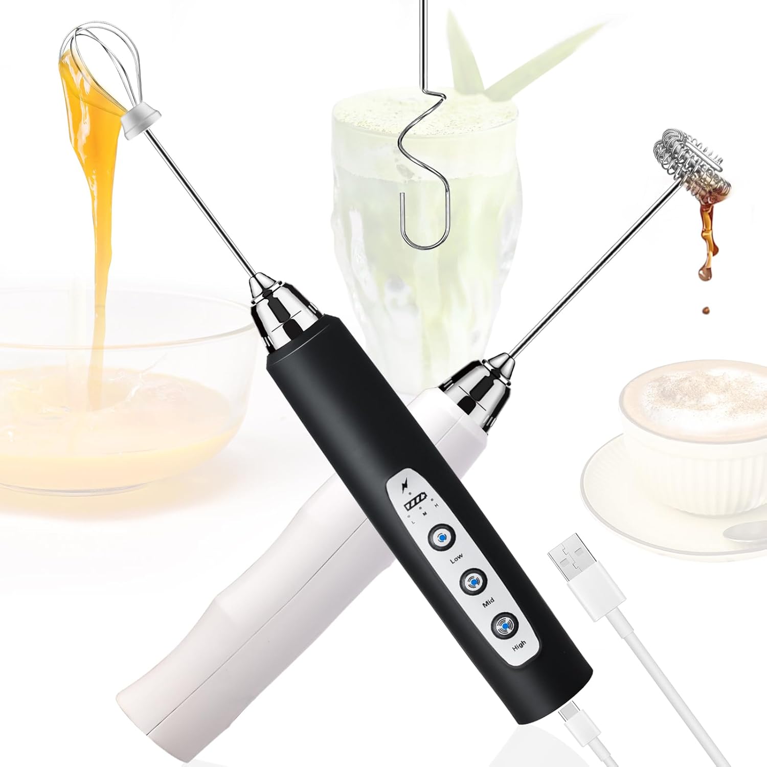 Milk Frother Rechargeable Handheld (White+Black)