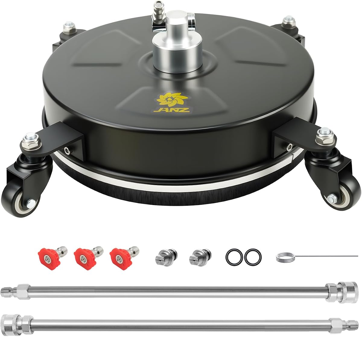 JANZ 14'' Black Pressure Washer Surface Cleaner | 4 Wheels, Stainless Steel Housing, 1/4" Quick Plug, 2 Extension Wands, 2 Replacement Nozzles and 3 Spray Nozzles,4000 PSI