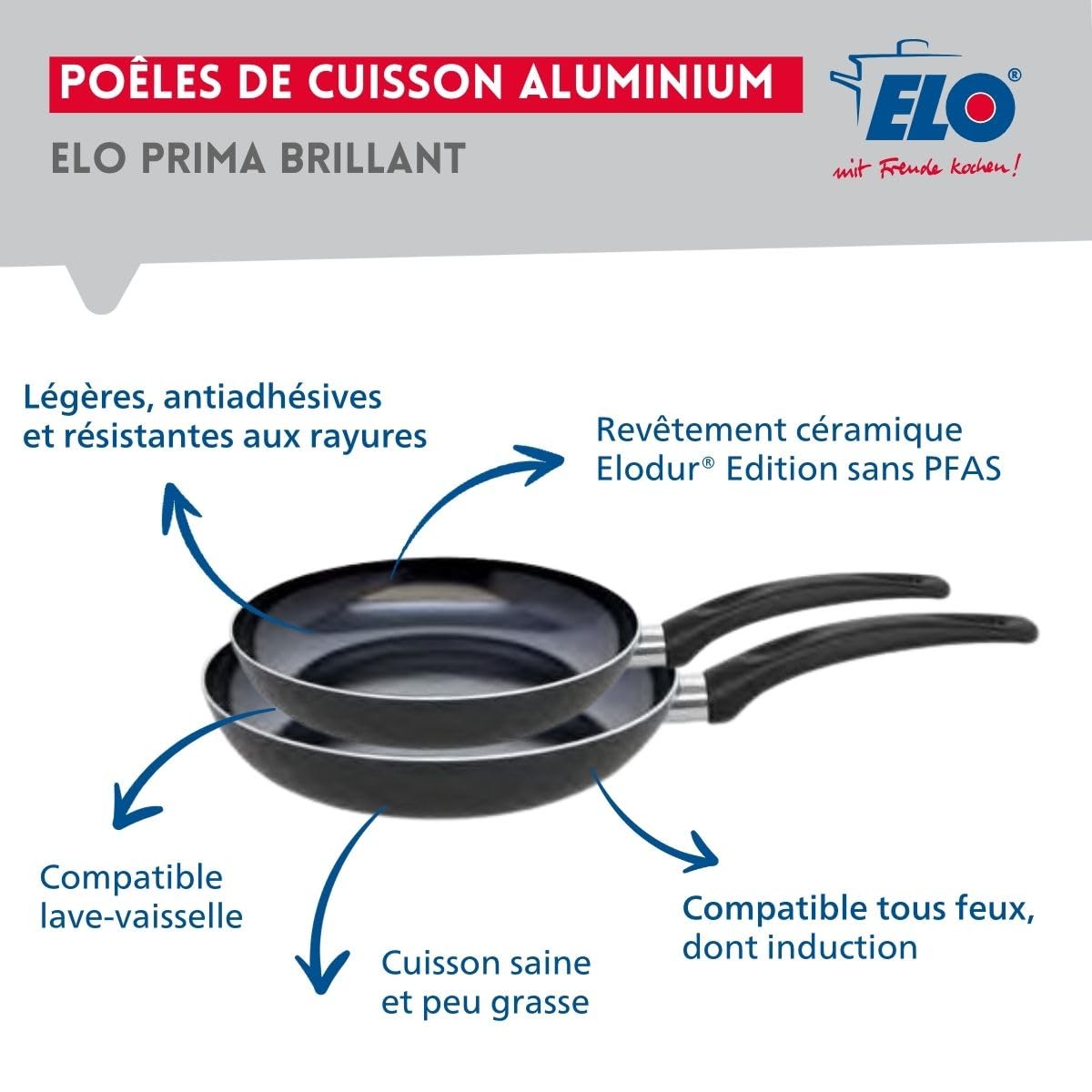 Elo Batterie cuisine 2 poêles 28/32 cm et 3 faitouts 14/16/20 cm
