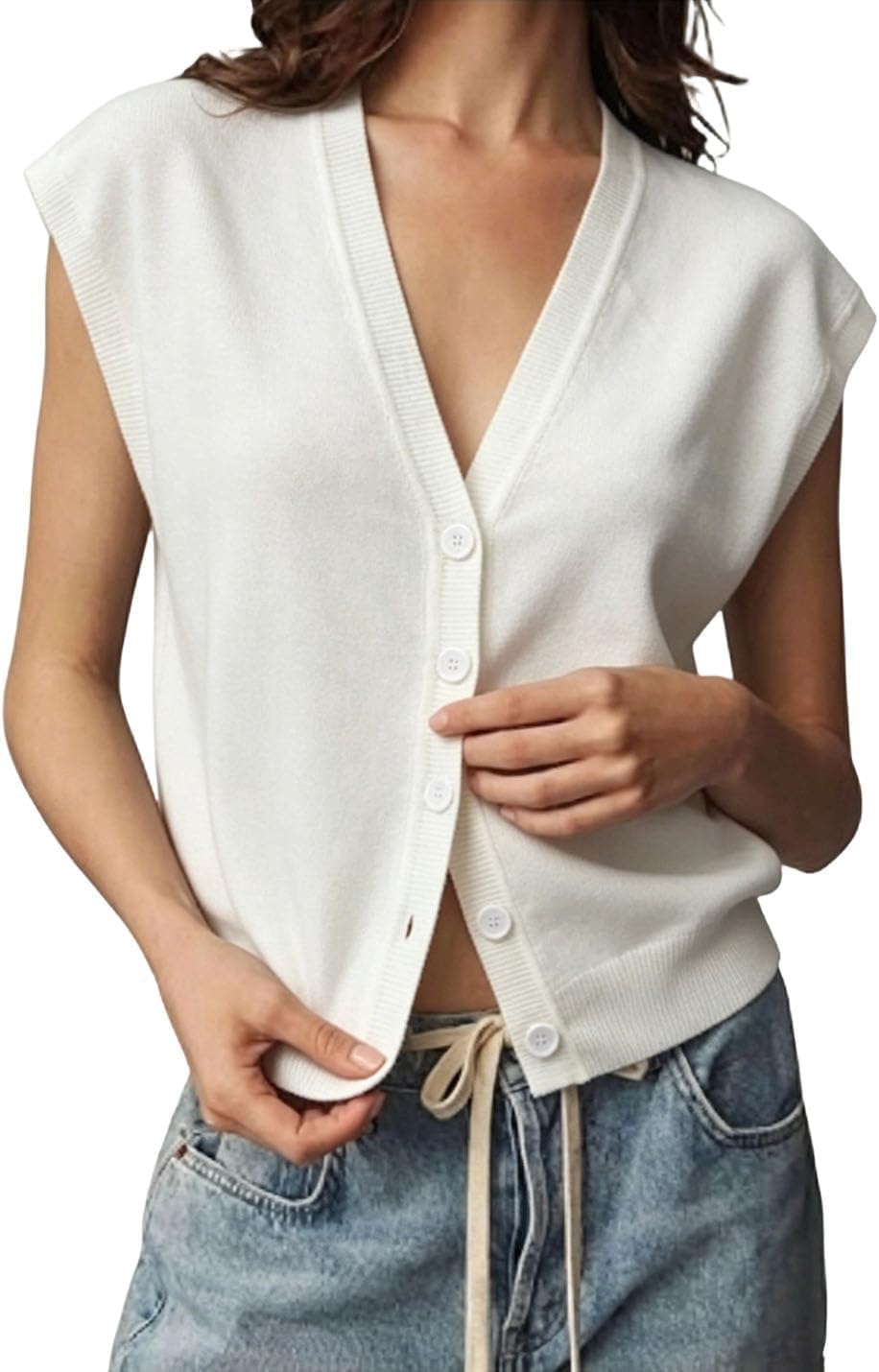 hathne Womens Cardigan Sweater Vest V Neck Cap Sleeve Button Down Knit Top Soft Lightweight Casual Summer Trendy