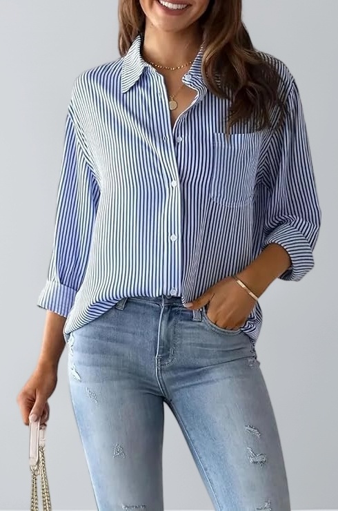 Women's Blue and White Striped Button Down Shirt, Long Sleeve Collared Blouse|Ladies |sh-irts Full Sleeve sh-irt WOM-en |Blue line Shirt Women|Trendy shi-rts wome-n