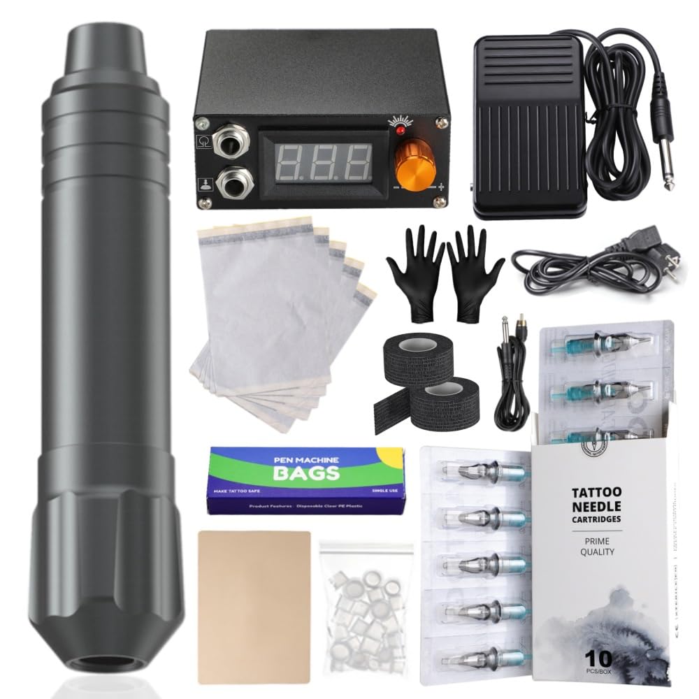 Kit penna rotativa per tatuaggi - Macchina per tatuaggi con corsa da 3,5 mm con alimentatore digitale, pedale, 10 aghi per cartucce miste e pratica,Grigio