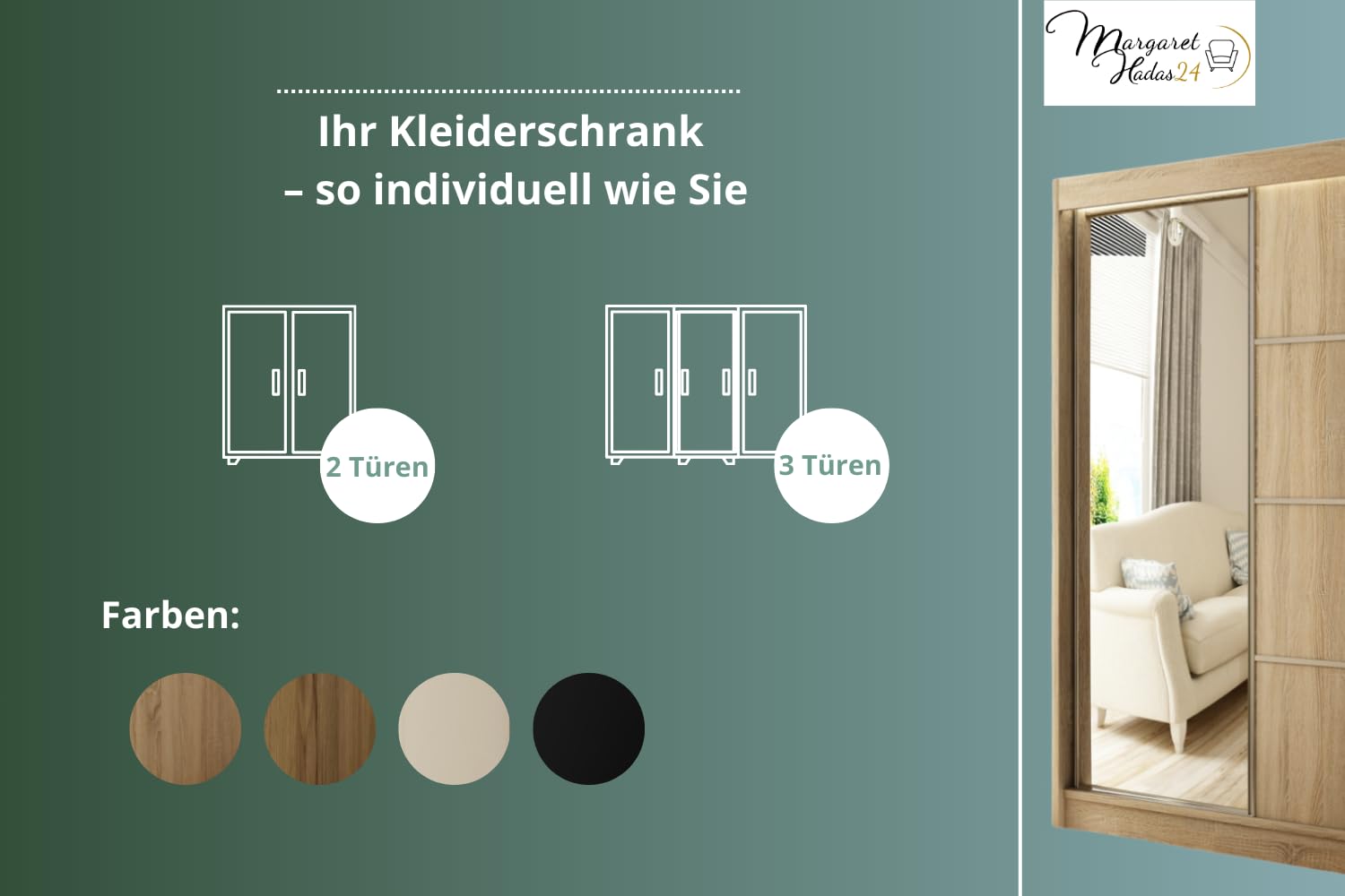 Margaret Hadas24 Kleiderschrank Padwa 150 mit Spiegel, Organizer, Mehrzweckschrank, Schwebetürenschrank, Garderobenschrank, Kleiderstange, Kleiderständer, Flurschrank, Schrank, 2-türig, braun