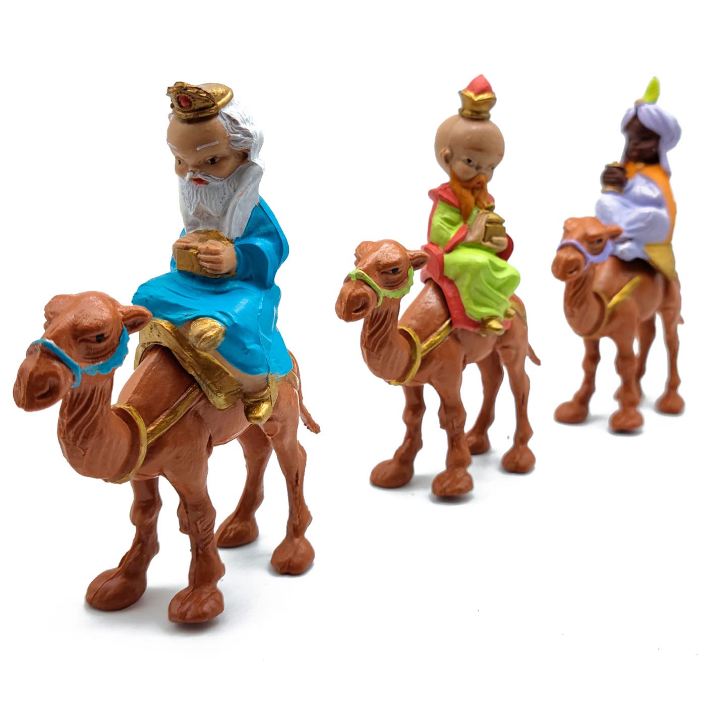 Acan Tradineur - Set de 3 Figuras de los Reyes a Camello para belén - Fabricado en durexina - Figura Decorativa Divertida para Nacimiento, Navidad, decoración Tradicional - 8 x 4 x 12,5 cm