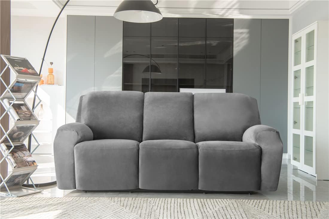 Stretch Recliner Sofa Slipcover Velvet Recliner Chair Covers for 3 Cushion Reclining Couch Cover 8 Pieces Sofa Furniture Protector Slipcovers with Side Pocket Machine Washable