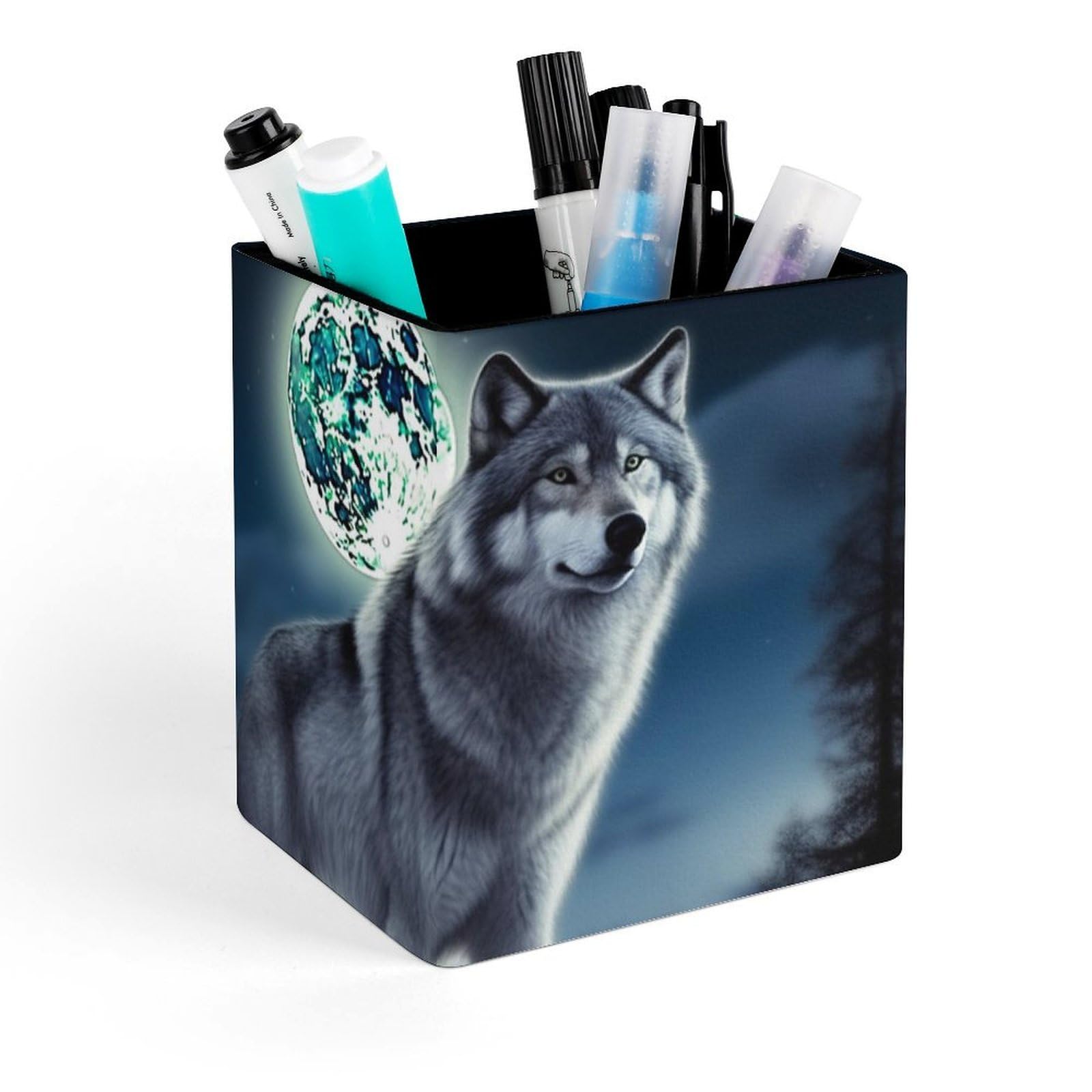 DWVTSLH Aesthetic Pen Holder for Desk - Modern Leather Pencil Holder - Stylish Square Makeup Brush Holder - Wolf Under Moon Pen Cup Cute And Functional Desk Organizer for Office Supplies