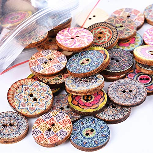 Souarts 100Pcs Mixed Random Painted Flower Wooden Buttons, 2 Holes Buttons For Sewing Crafts Diy Projects (Medieval Retro Painted Flower) #TOP4
