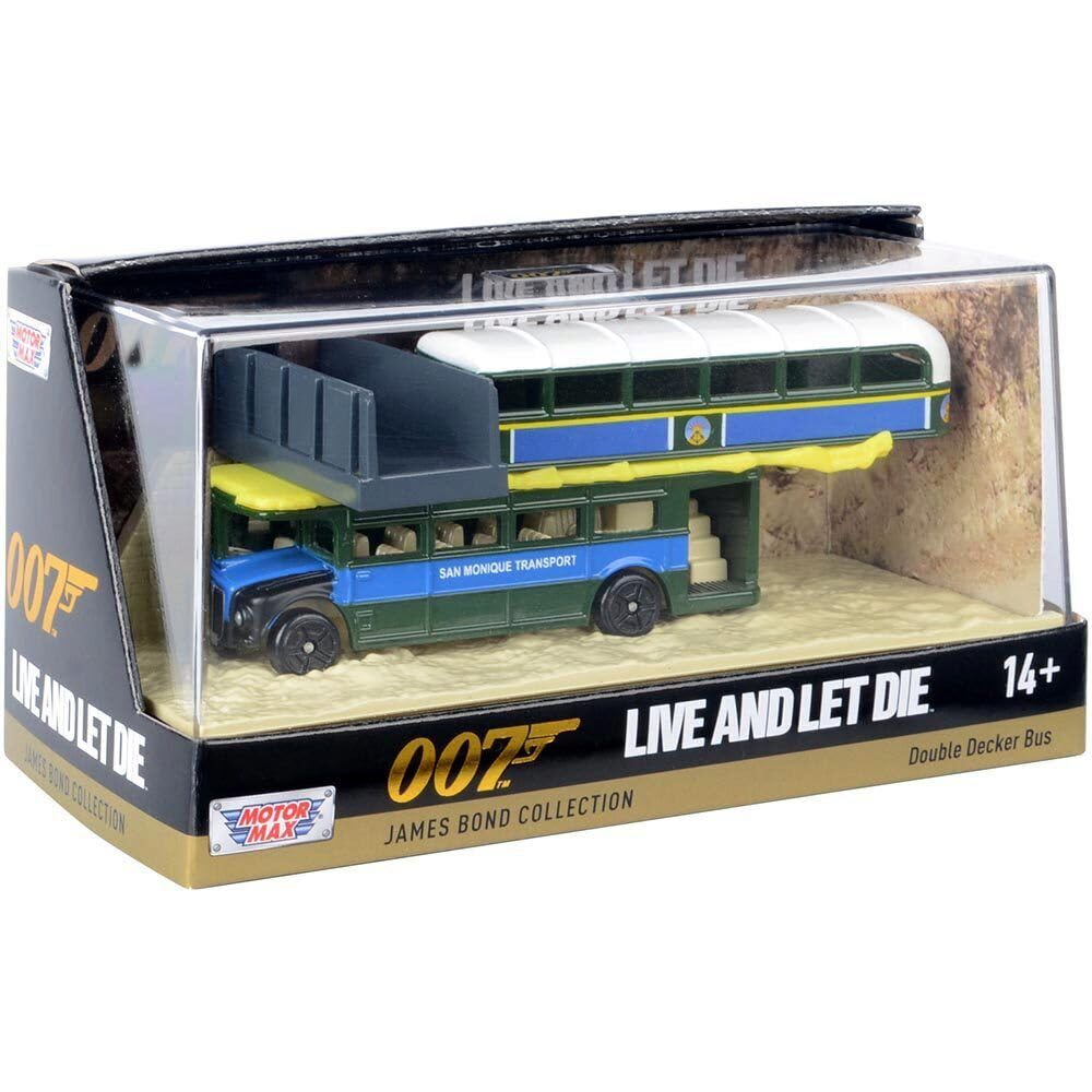 Motormax 79825JB - Autobus a due piani San Monique Transport Hitting Bridge Scene Live and Let Die (1973) con collezione espositiva, modello pressofuso